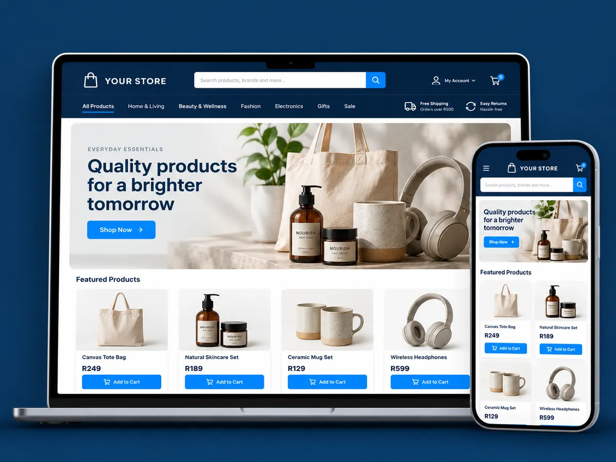 Illustrative online store displayed on desktop and mobile, with products priced in South African rand